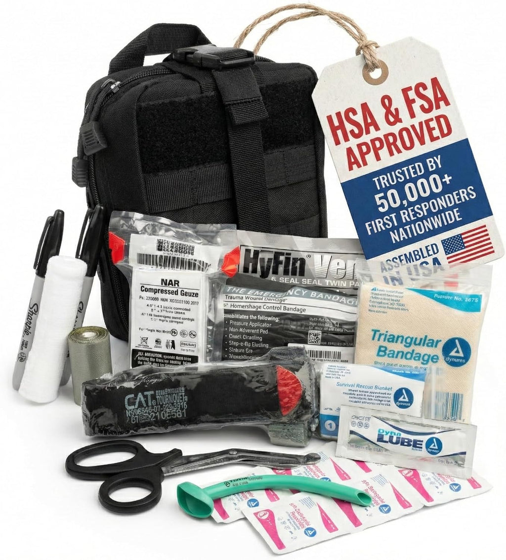 Scherber Premium IFAK Kit Trauma Pack | HSA/FSA Approved | Fully Stocked MOLLE Pouch w/CAT Tourniquet, HyFin Chest Seal, & Israeli Bandage | Trauma Kit for Gunshot, Bleeding, Major Wound Care (Black)