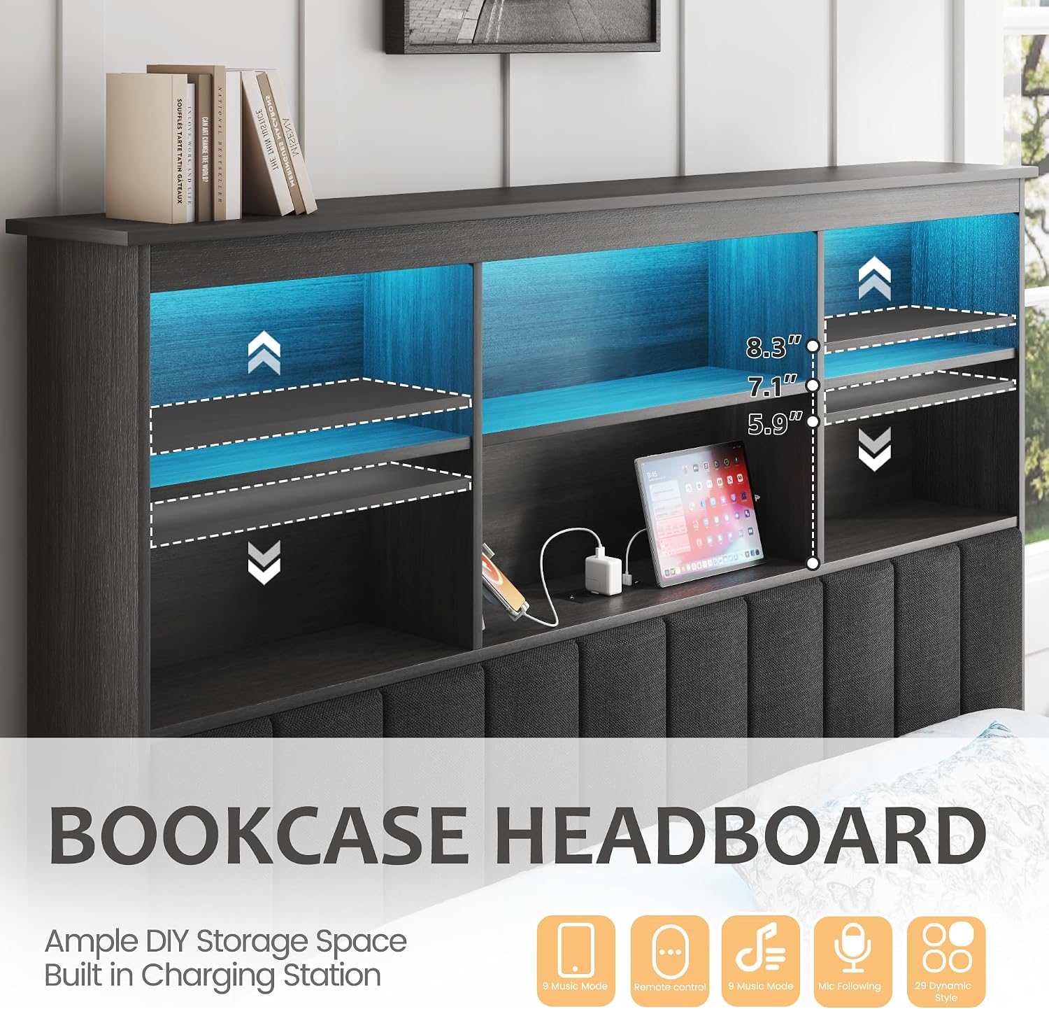 HISOFT Queen Bed Frame with Storage Headboard, Wood Bed with High Storage Bookcase, 4 Drawers & LED & Charging Station,No Box Spring Needed/Noise Free/All-Metal Support, Rustic Grey