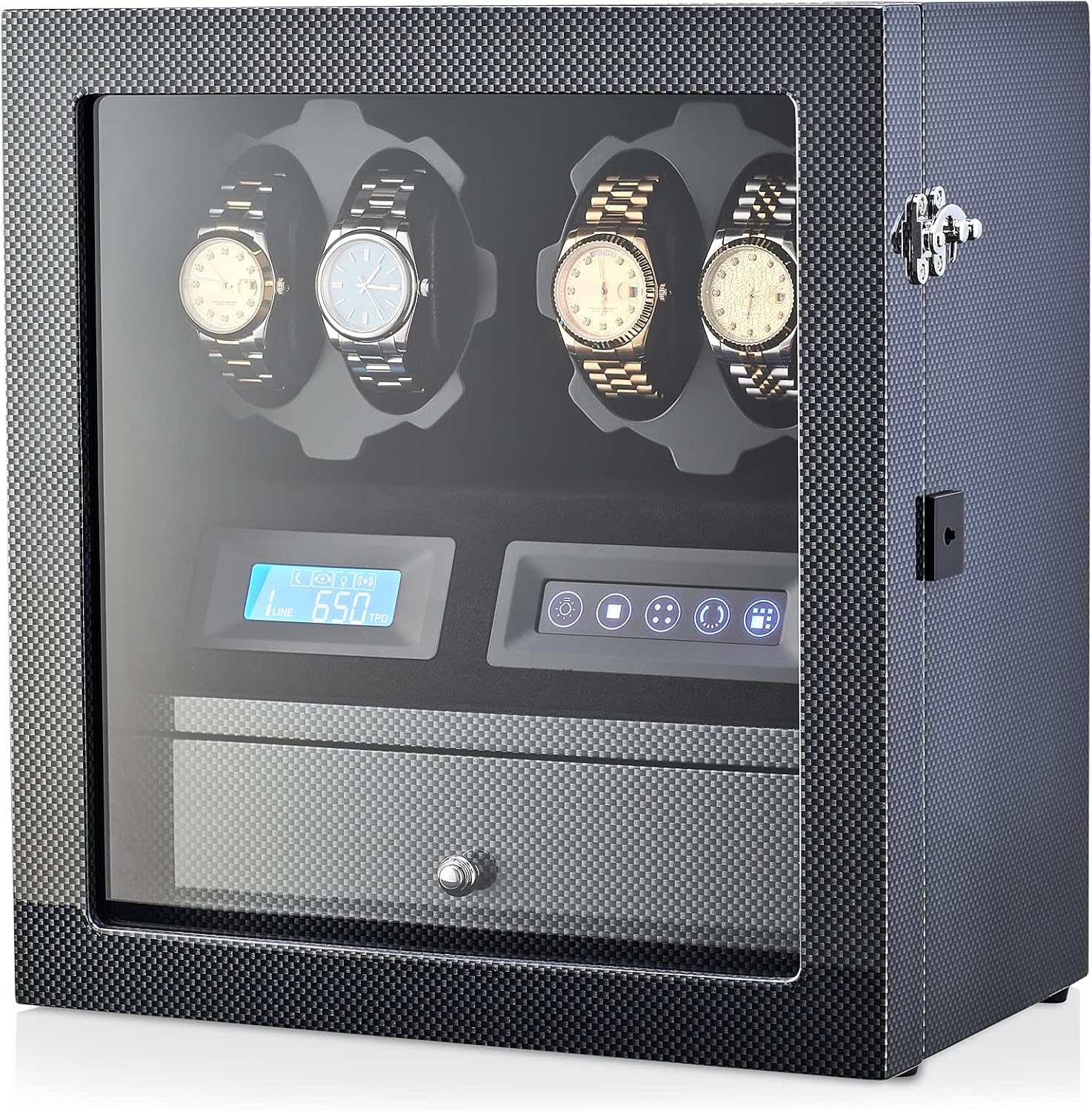 4 Watch Winder with 5 Watch Storage Space, LCD Display, Touch Control and Interior Light