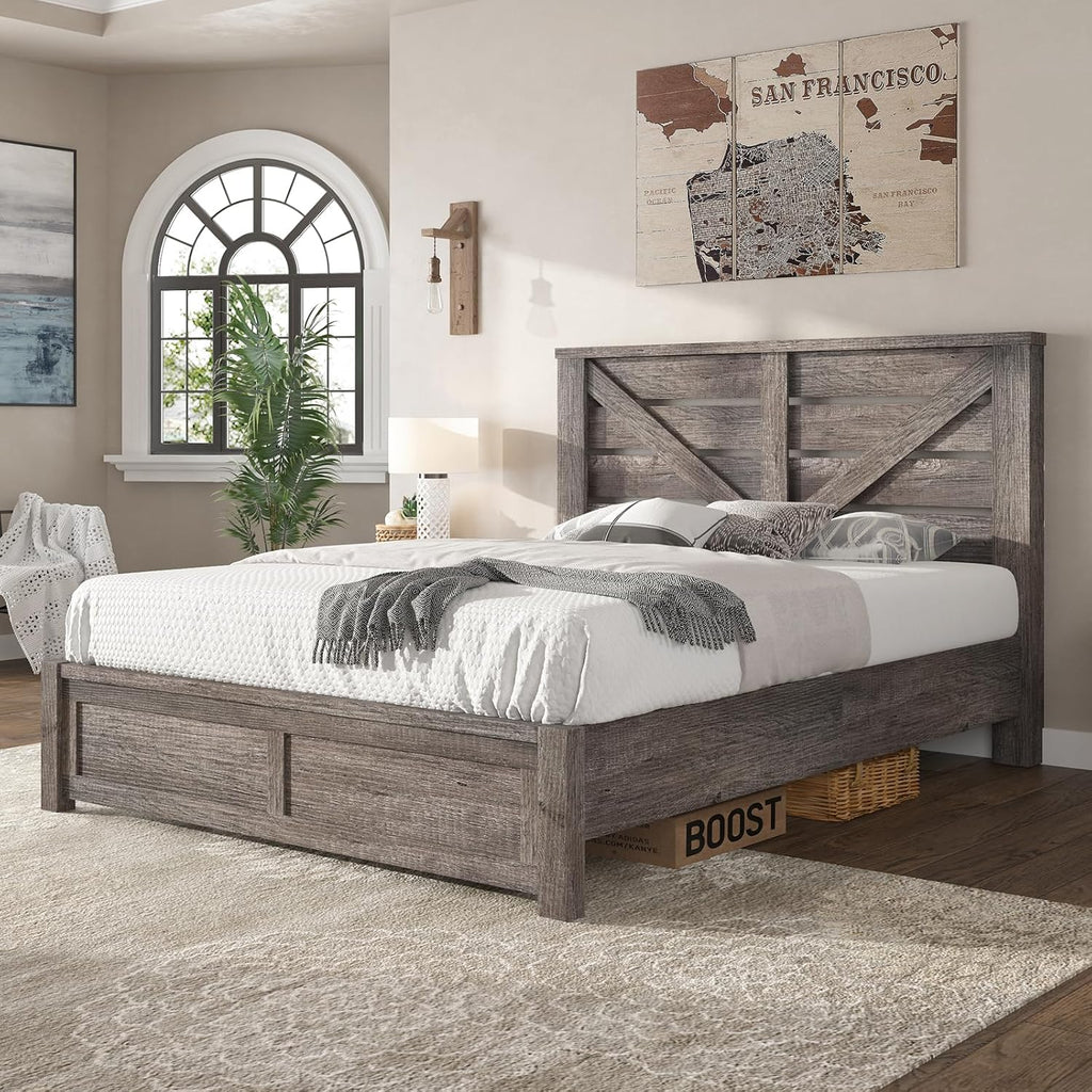 AMERLIFE Queen Size Bed Frame with 49.2' Barn Door Headboard and Footboard, Farmhouse Platform Bed Frame with Wood Slats, No Box Spring Needed, Under Bed Storage, Rustic Gray