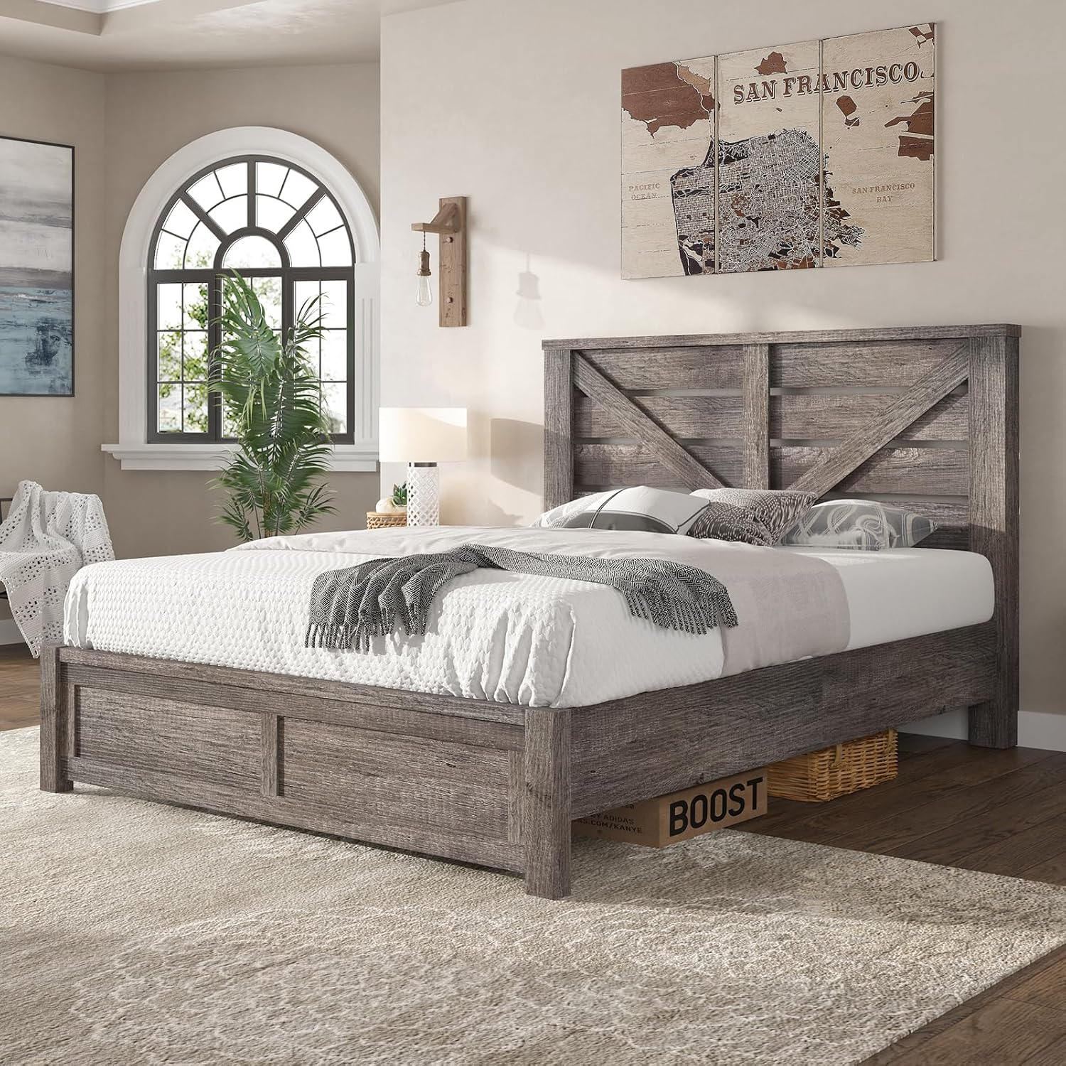 AMERLIFE Queen Size Bed Frame with 49.2' Barn Door Headboard and Footboard, Farmhouse Platform Bed Frame with Wood Slats, No Box Spring Needed, Under Bed Storage, Rustic Gray