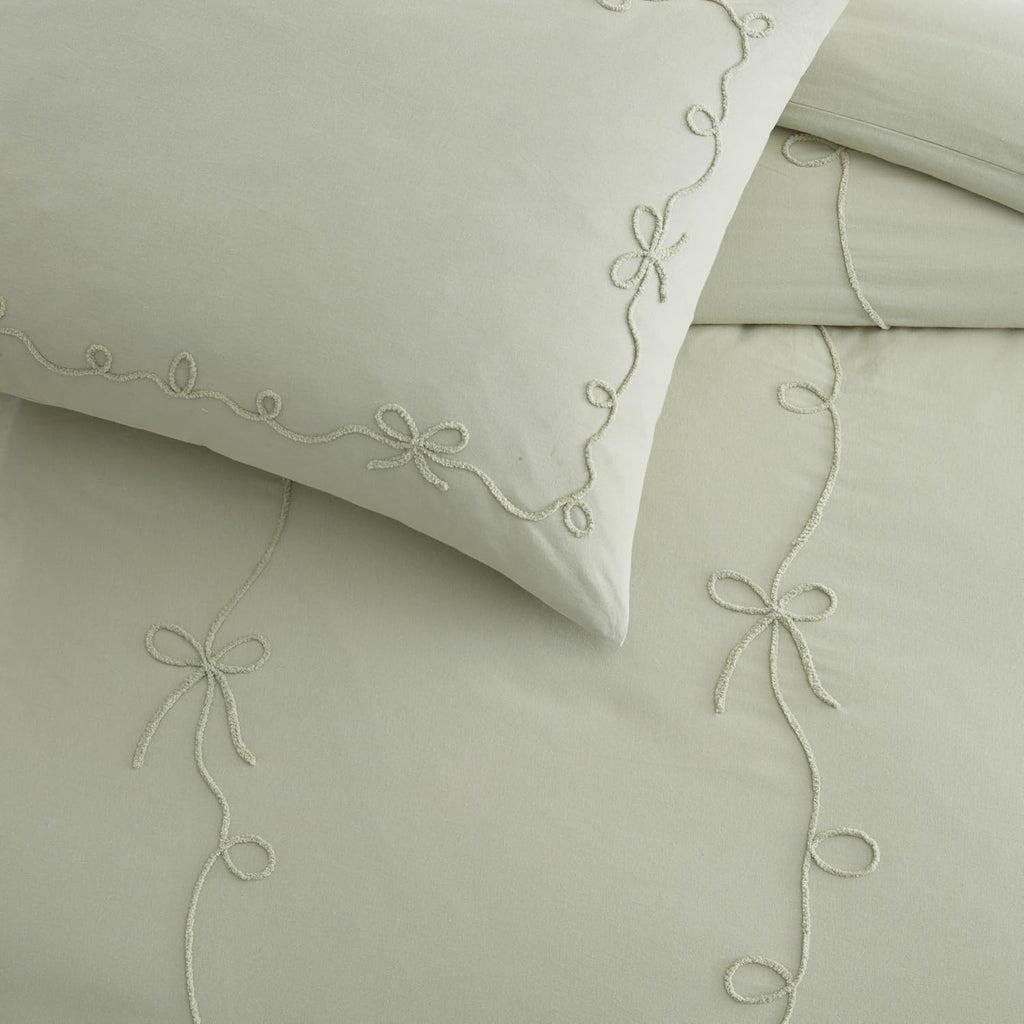 Peri Home Bows Bedding Cottage Core 100% Cotton 2-Piece Comforter and Sham Set, Twin, Green Sasha Bows