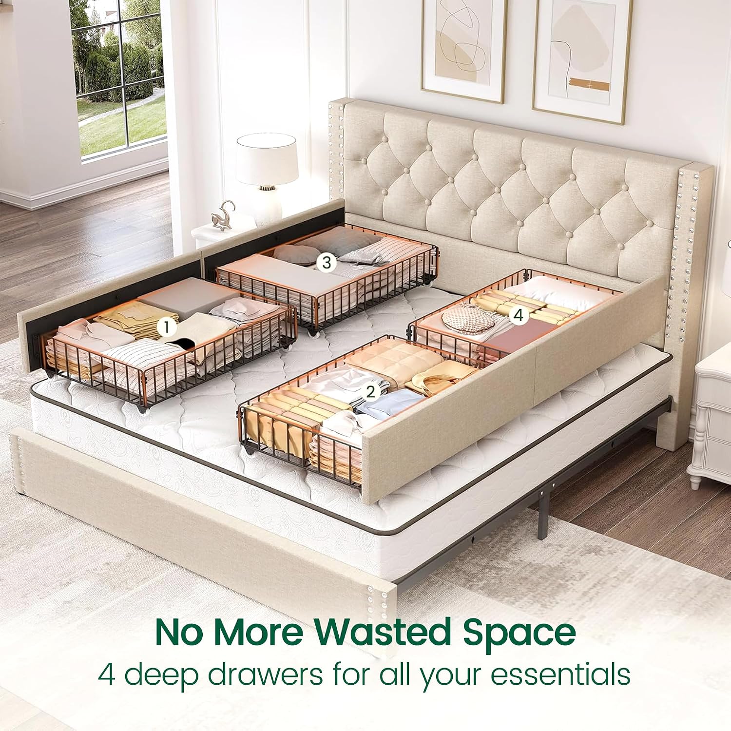 LARMACE Queen Size Bed Frame with 4 Storage Drawers and Tufted Headboard Linen Upholstered Platform Bed Frame with Heavy Duty Wood Slats, No Box Spring Needed, Easy Assembly, Beige