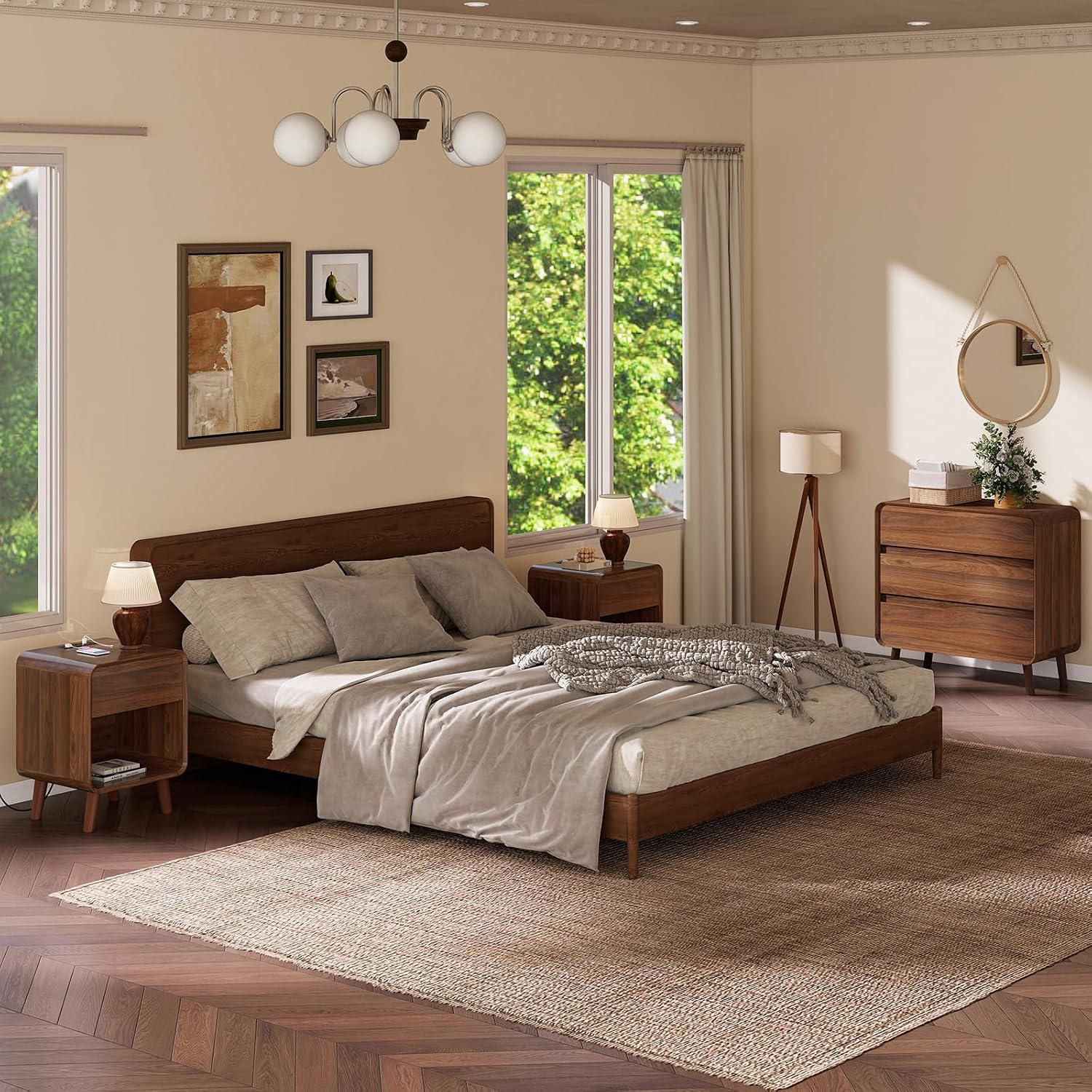 Nasonet Mid Century Modern Dresser and Nightstand Sets 3 Piece, Wooden 3 Drawer Dresser and Small Nightstands Sets of 2, Walnut Bedroom Furniture Set