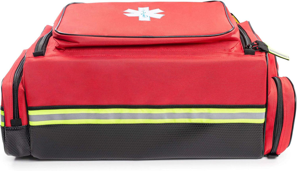 Scherber Fully Stocked First Responder Ultimate Professional EMT/EMS Trauma Kit | HSA/FSA Approved | w/10+ Compartments, Zippered Pockets, Dividers, Oxygen Access & 260+ First Aid Supplies (Red)