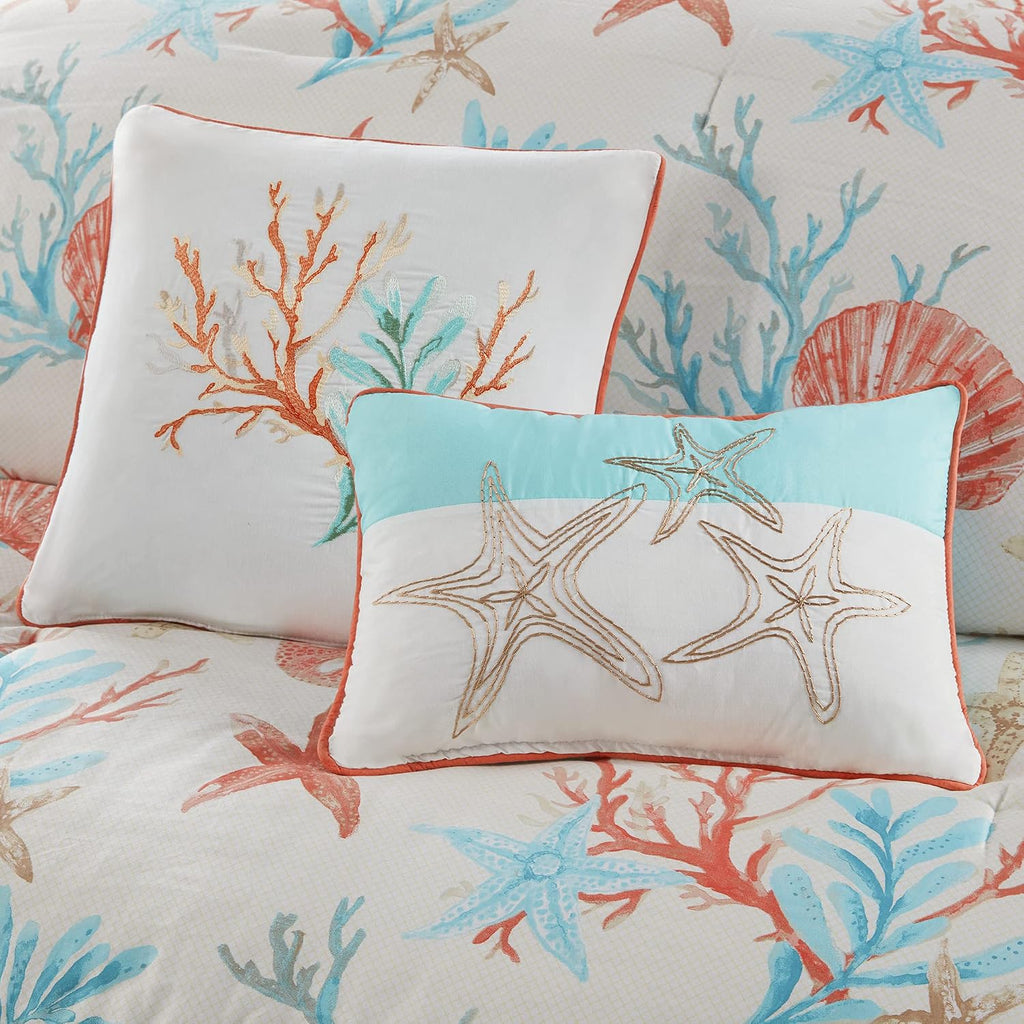 Madison Park 100% Cotton Comforter Set - Coastal Coral, Starfish Design All Season Down Alternative Cozy Bedding with Matching Shams, Decorative Pillow, California King(104'x92'), Teal 7 Piece