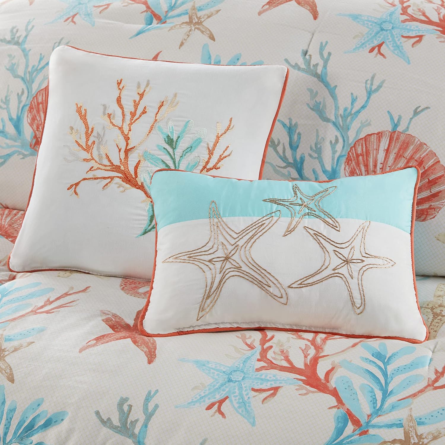 Madison Park 100% Cotton Comforter Set - Coastal Coral, Starfish Design All Season Down Alternative Cozy Bedding with Matching Shams, Decorative Pillow, Queen(90'x90'), Teal 7 Piece