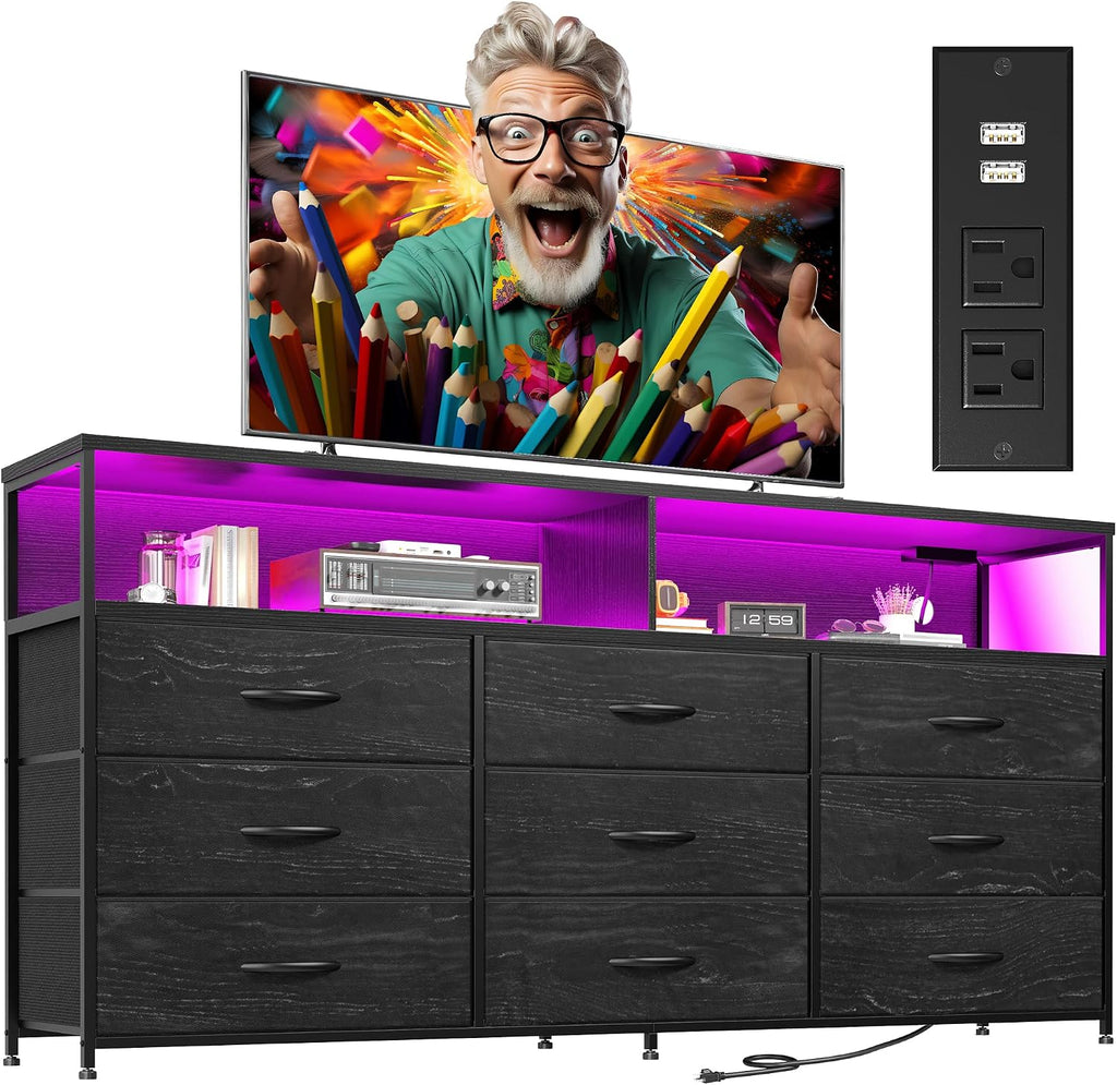 55'W Dresser for Bedroom with Charging Station & LED Light, 65/55/50 Inch TV Stand with 9 Fabric Drawers, Sturdy Dressers & Chest of Drawers with 2 Wood Open Shelves,Metal Frame,Black Oak Wood Look