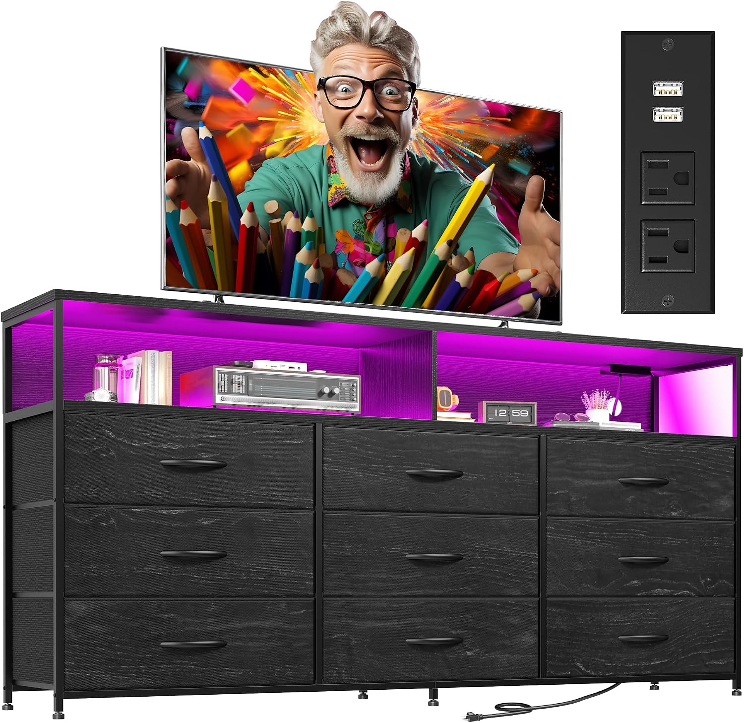 55'W Dresser for Bedroom with Charging Station & LED Light, 65/55/50 Inch TV Stand with 9 Fabric Drawers, Sturdy Dressers & Chest of Drawers with 2 Wood Open Shelves,Metal Frame,Black Oak Wood Look