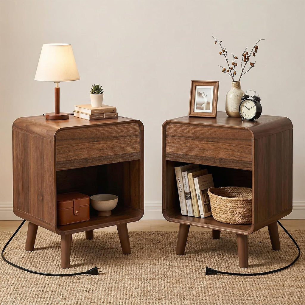 Nasonet Mid Century Modern Dresser and Nightstand Sets 3 Piece, Wooden 3 Drawer Dresser and Small Nightstands Sets of 2, Walnut Bedroom Furniture Set
