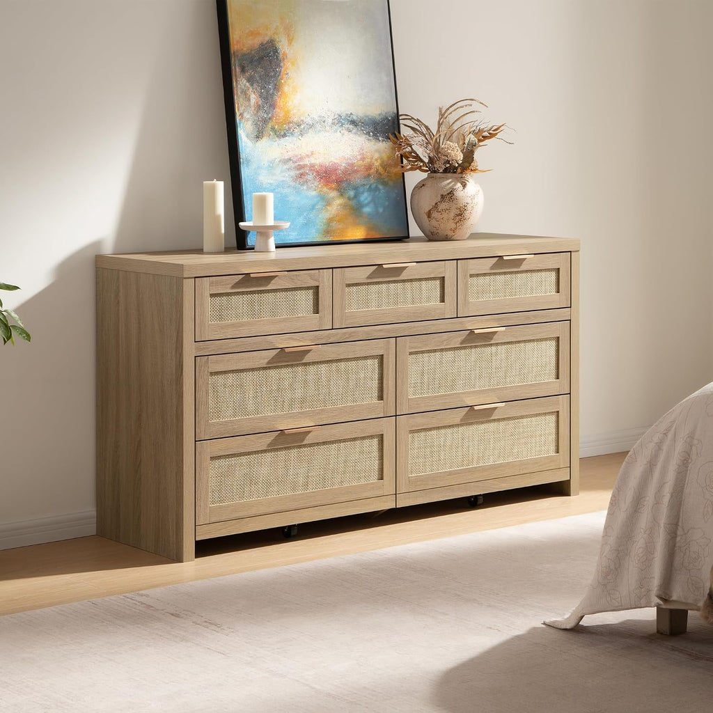 SICOTAS 7 Drawer Dresser for Bedroom, 57' Wide Rattan Dressers, Large Chest of Drawers for Bedroom, Dresser TV Stand, Boho Closet Organizer (Reclaimed Light Oak, 7 Drawers (1 pc))