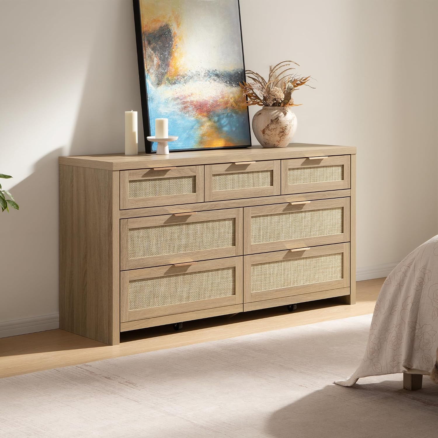SICOTAS 7 Drawer Dresser for Bedroom, 57' Wide Rattan Dressers, Large Chest of Drawers for Bedroom, Dresser TV Stand, Boho Closet Organizer (Reclaimed Light Oak, 7 Drawers (1 pc))