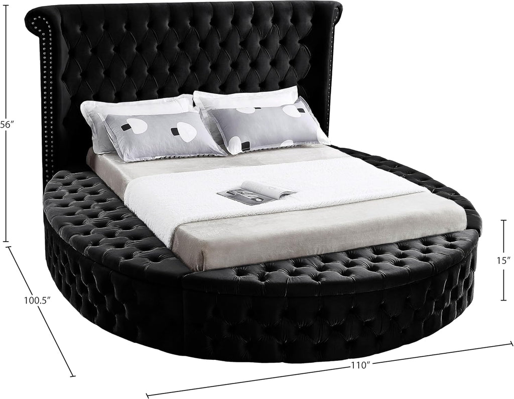 Meridian Furniture Luxus Collection Modern | Contemporary Round Shaped Velvet Upholstered Bed with Deep Button Tufting and Footboard Storage, King, Black