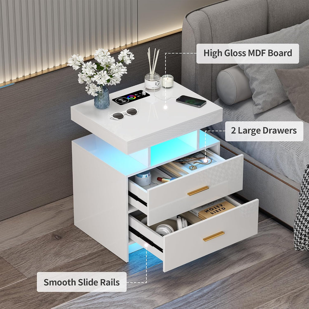 Lvifur Smart Nightstand Set of 2 - LED Night Stand with RGB Lights, Modern Bedside Table with Charging Station for Bedroom, Glossy End Table with Human Body Induction (White)