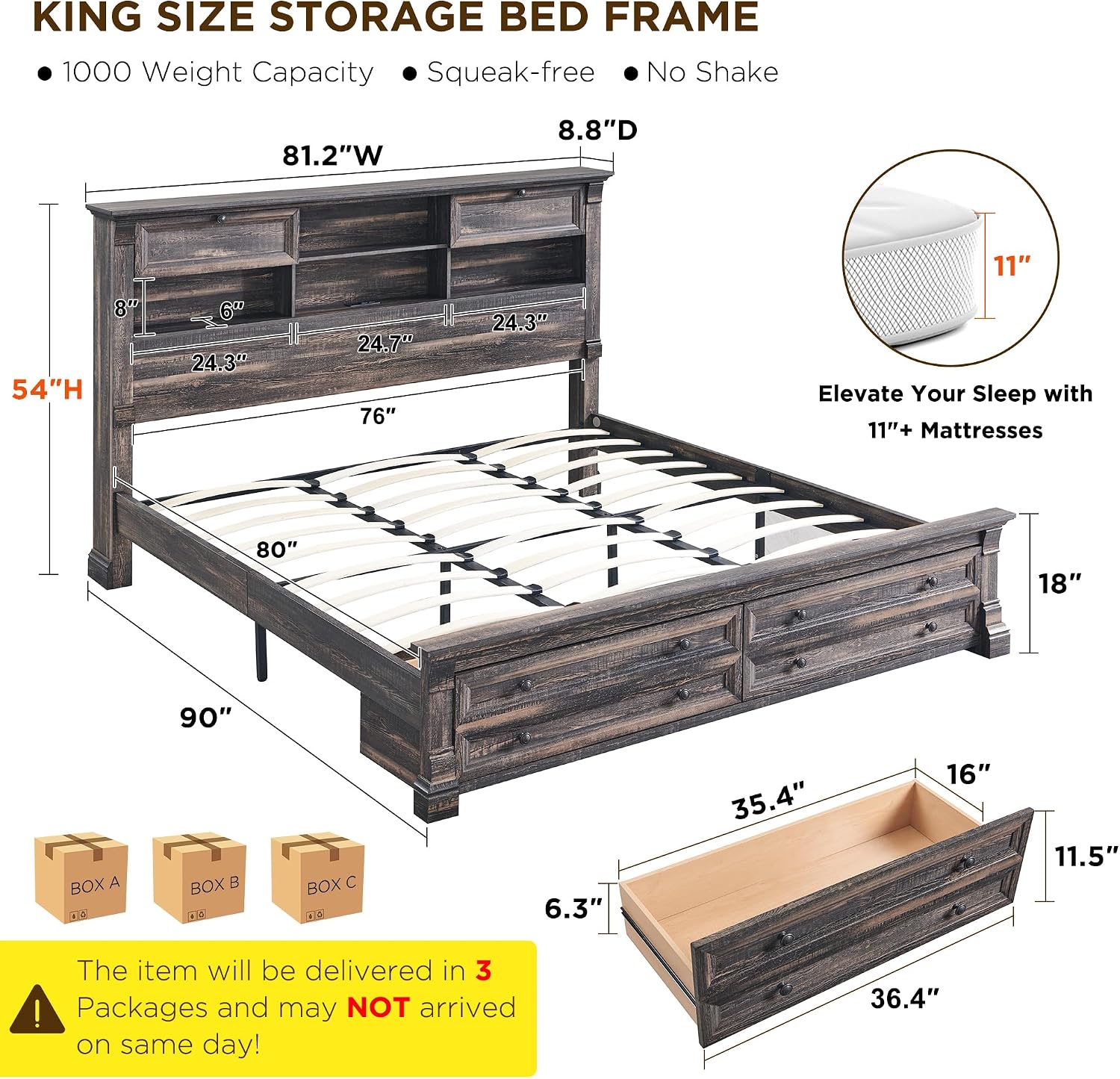 Farmhouse King Size Bed Frame with 54' Tall Headboard, Headboard with 4 Storage Rack, 2 Drawers, 18' Roman Column Decoration Footboard, Wood Platform Bed Frame, No Box Spring Needed(Dark Rustic Oak)