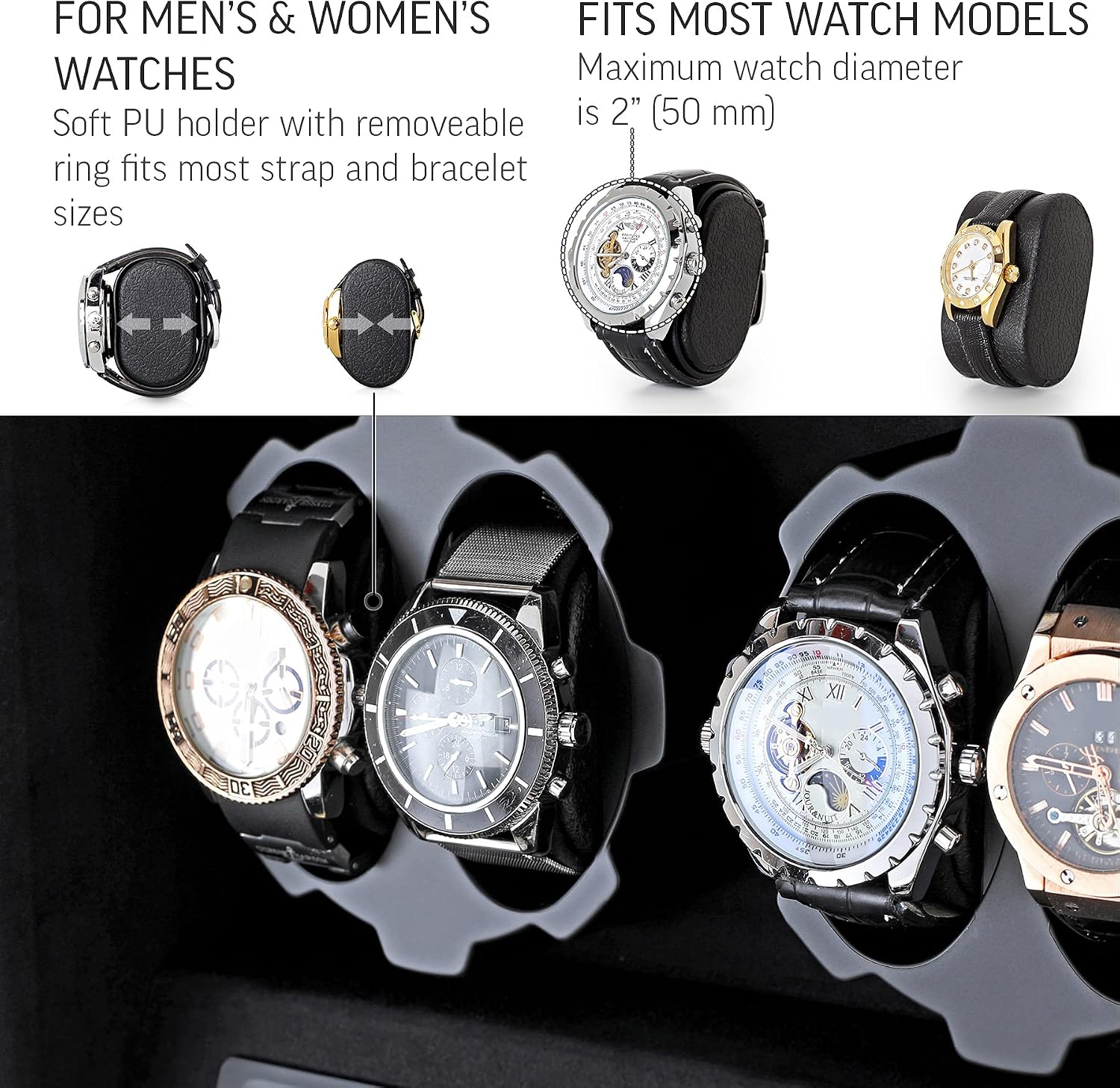 4 Watch Winder with 5 Watch Storage Space, LCD Display, Touch Control and Interior Light