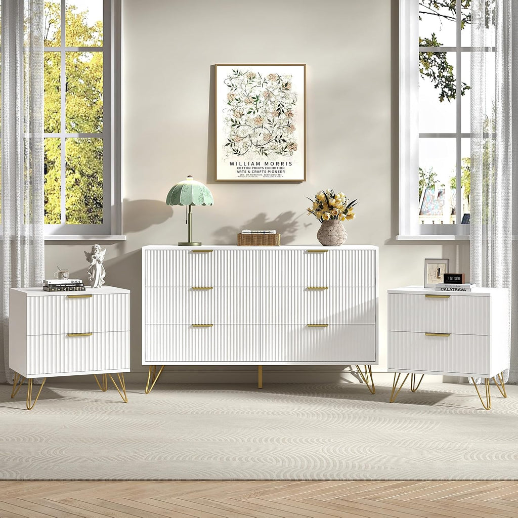 White 6 Drawer Dresser and Nightstand Sets for Bedroom, 3 Pcs Fluted Bedroom Set，Night Stand Set of 2 & 6 Drawer Dresser with Golden Handles, Wood Chest of Drawers Storage Cabinet Set
