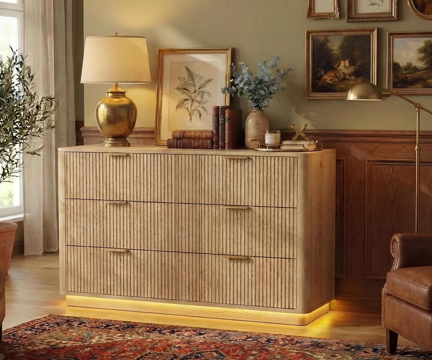 Dresser and Nightstand Sets 3 Piece, Bedroom Set with Charging Station, Large 6 Drawer Dresser for Bedroom and Night Stand Set of 2, Mid Century Modern Bedroom Furniture Set with Motion Sensor Lights