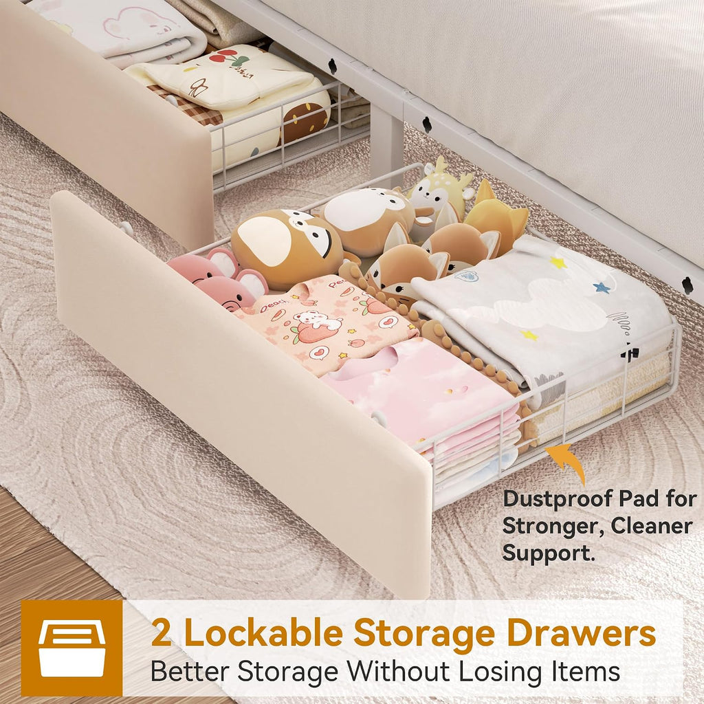 Twin Upholstered LED Bed Frame with 2 Storage Drawers and 2-Tier Storage Bookcase Headboard, Velvet Princess Platform Bed for Kids/Girls/Boys, Corner Bed Frame, Heavy Duty Metal Support, Beige
