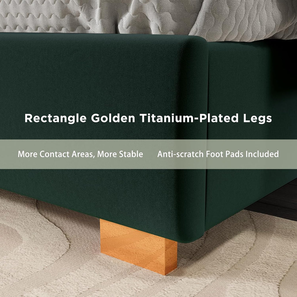 HOWE King Size Bed Frame and 65' Headboard, Upholstered Bed with Golden Plating Trim, Modern Platform Bed No Box Spring Needed, Green