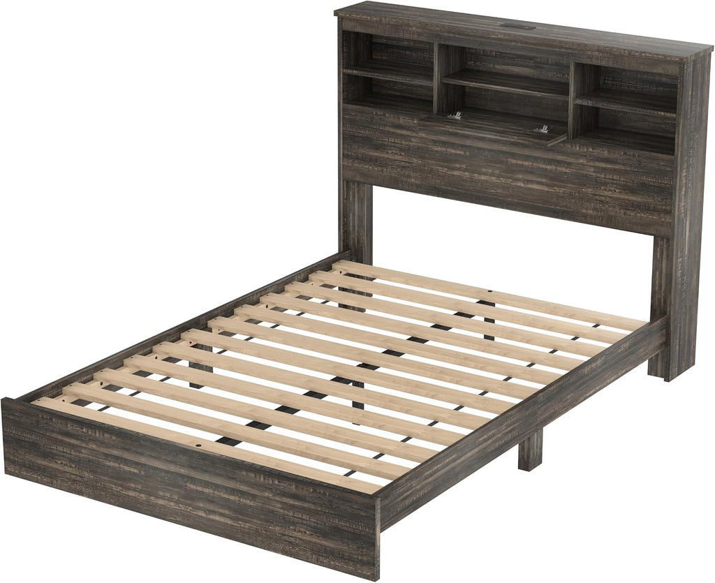 Farmhouse 4-Pieces Bedroom Sets, Queen Size Platform Bed with 2 Nightstands and 5-Drawer Storage, Wooden Bed Frame with Storage Headboard and Charging Station (Antique Gray-7.17)