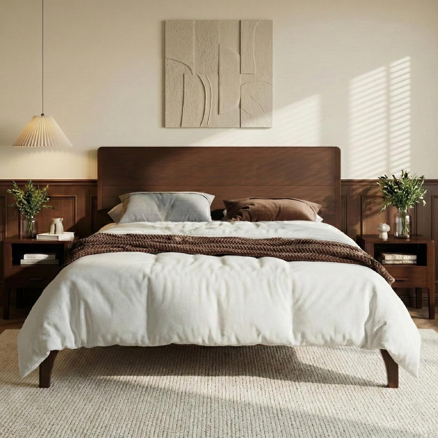 Merax 3 Pieces Bamboo Bedroom Sets, Mid-Century Modern Full Size Platform Bed with Tall Headboard, Storage Drawer Night Stands Set, Wood Slats Support, No Box Spring Needed, Easy Assembly, Espresso