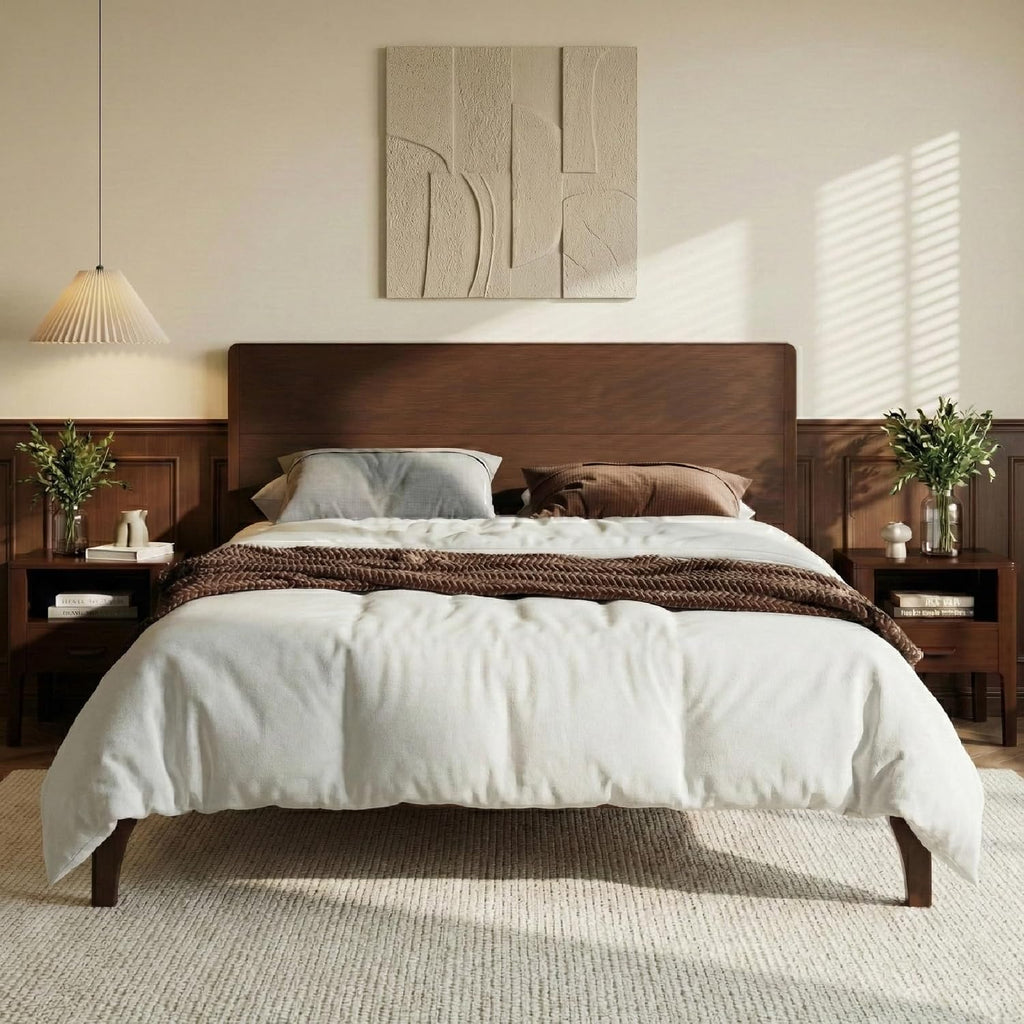 Merax 3 Pieces Bamboo Bedroom Sets, Mid-Century Modern Queen Size Platform Bed with Tall Headboard, Storage Drawer Night Stands Set, Wood Slats Support, No Box Spring Needed, Easy Assembly, Espresso
