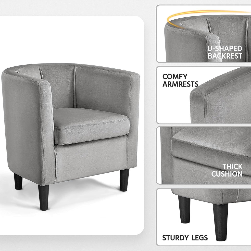 Yaheetech Accent Chair, Modern Velvet Armchairs with Big Ample Seat, Half Rounded Back, Cozy Upholstered Barrel Sofa Chair for Living Room Bedroom Waiting Room, Gray