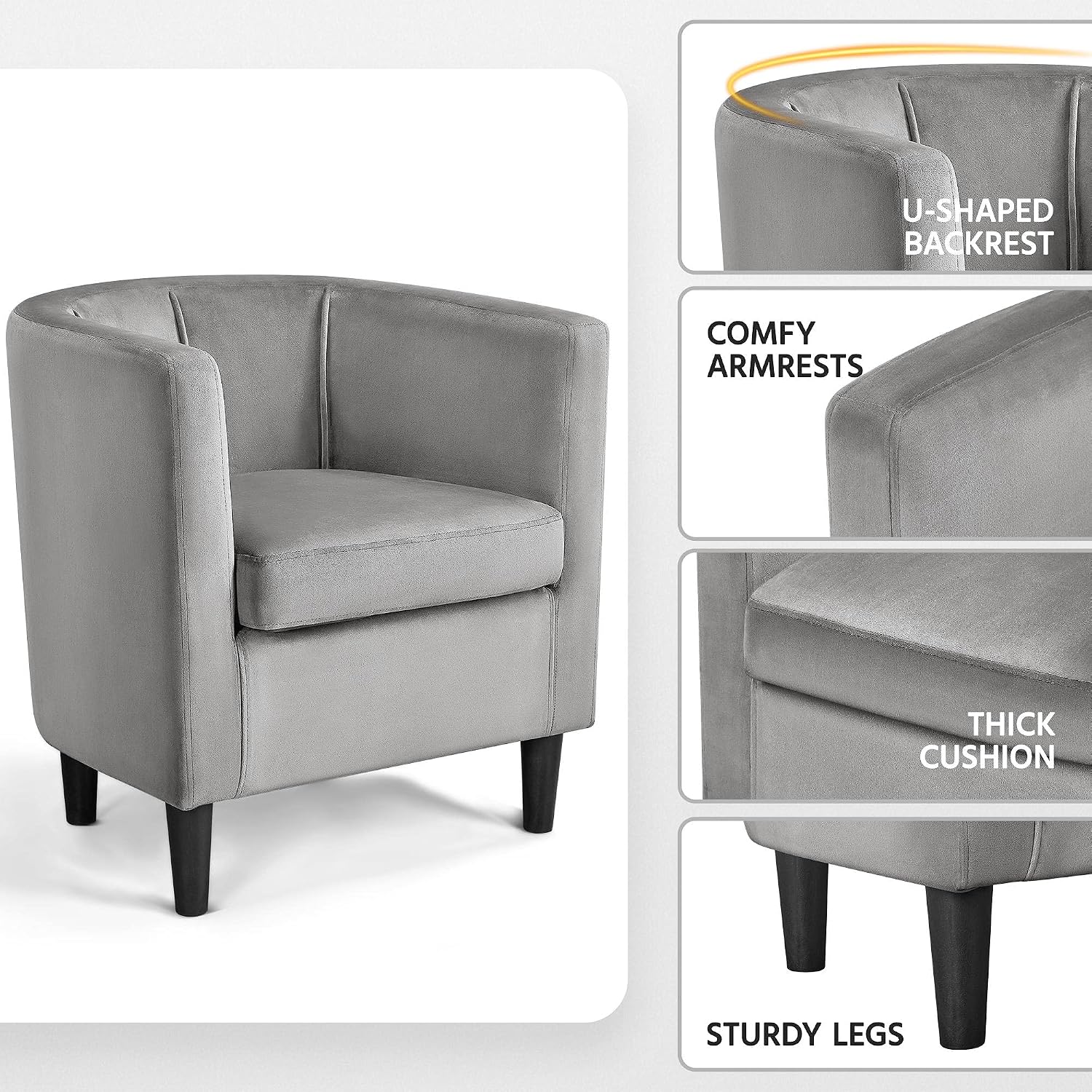 Yaheetech Accent Chair, Modern Velvet Armchairs with Big Ample Seat, Half Rounded Back, Cozy Upholstered Barrel Sofa Chair for Living Room Bedroom Waiting Room, Gray