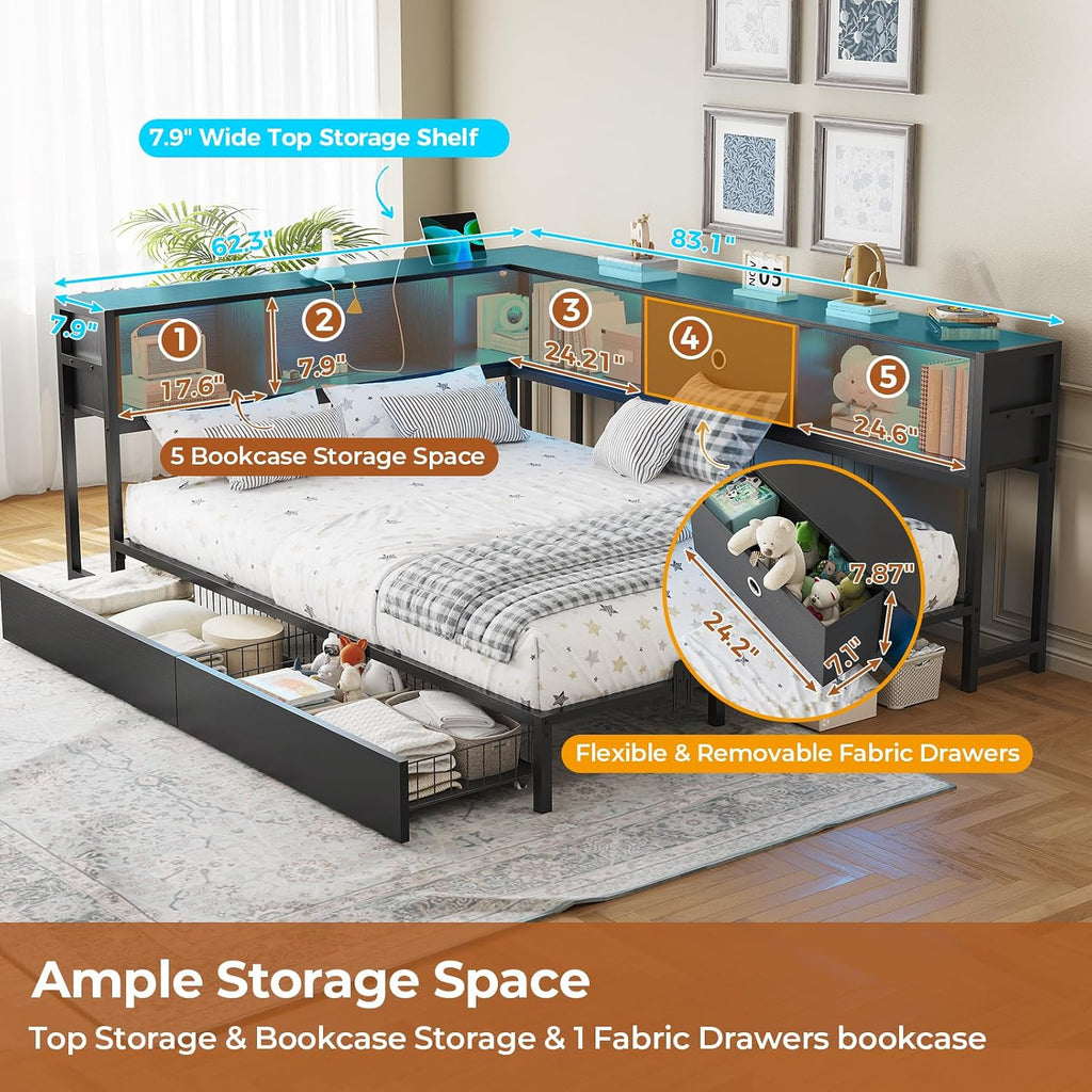 DICTAC Full Corner Bed Frame with Bookcase Storage and Led Lights Metal Platform Bed Frame Full Size with Storage Drawers & Charging Station Full Size Daybed for Teen/Adult,No Box Spring Needed,Black
