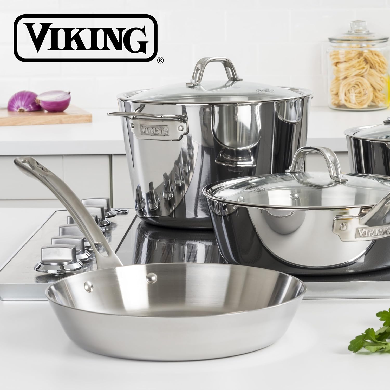 Viking Contemporary 3-Ply Frying Pan, 12 Inch Stainless Steel Kitchen Cookware, Silver