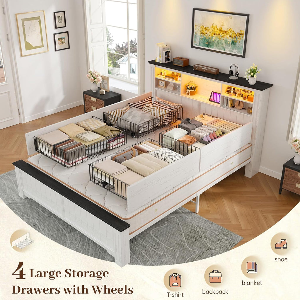 EnHomee Full Size Bed Frame with Storage, Full Bed Frame with 4 Drawers Charging Port & LED,Bed Frame with Headboard Built in Charging Station,No Box Spring Needed,NO Noise,White with Grain Marks