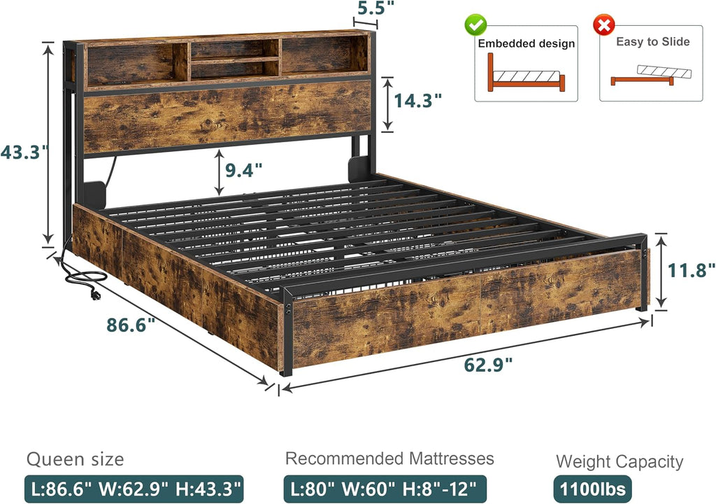 EnHomee Queen Bed Frame with 6 Storage Drawers, Headboard & Charging Station, Noise-Free Metal Platform Bed, No Box Spring Needed,Vintage Brown