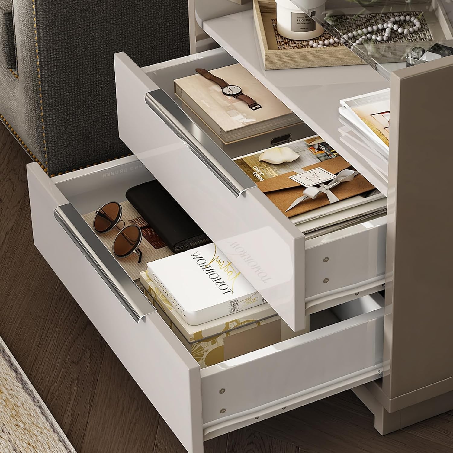 AMERLIFE Nightstand Set of 2, 23.6' High Gloss End Table with Glass Tabletop, Modern Bedside Table with Charging Station, 2 Drawers Nightstand for Bedroom, Cream & Gray