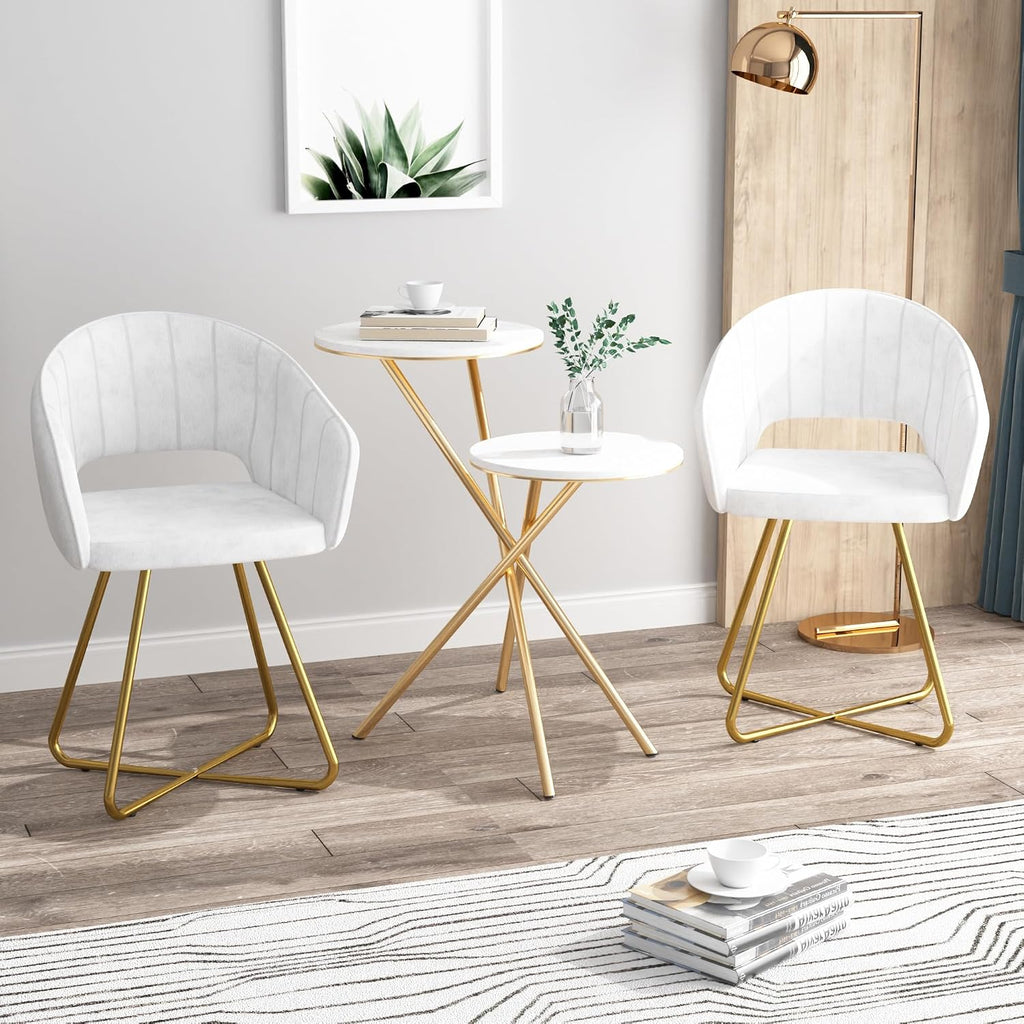VECELO Velvet Accent Chair Set of 2, Luxury Vanity & Dining Chair with Gold Cross Base, 360°Swivel Upholstered Armchair for Living Room, Bedroom, Home Office, Pearl White
