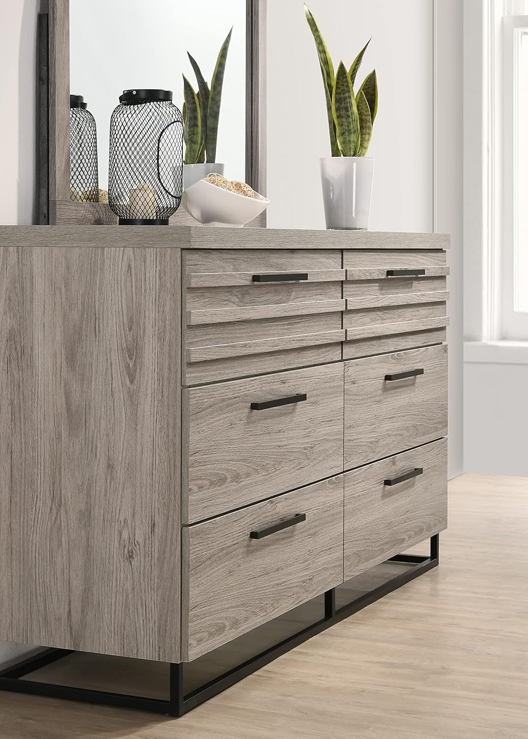 Roundhill Furniture Alvear Upholstered Wood Wallbed Bed with White LED Lights, Dresser, Mirror, Chest, and 2 Nightstands, Queen, Weathered Gray