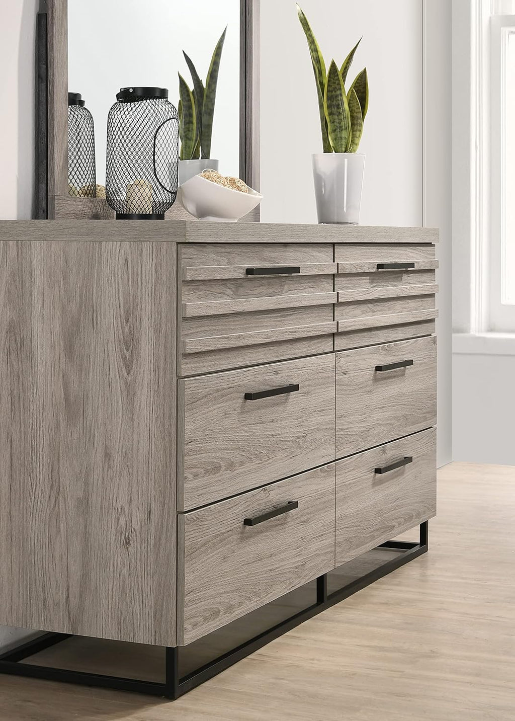 Roundhill Furniture Alvear Upholstered Wood Panel Bed, Dresser, Mirror, 2 Nightstands, and Chest, King, Weathered Gray