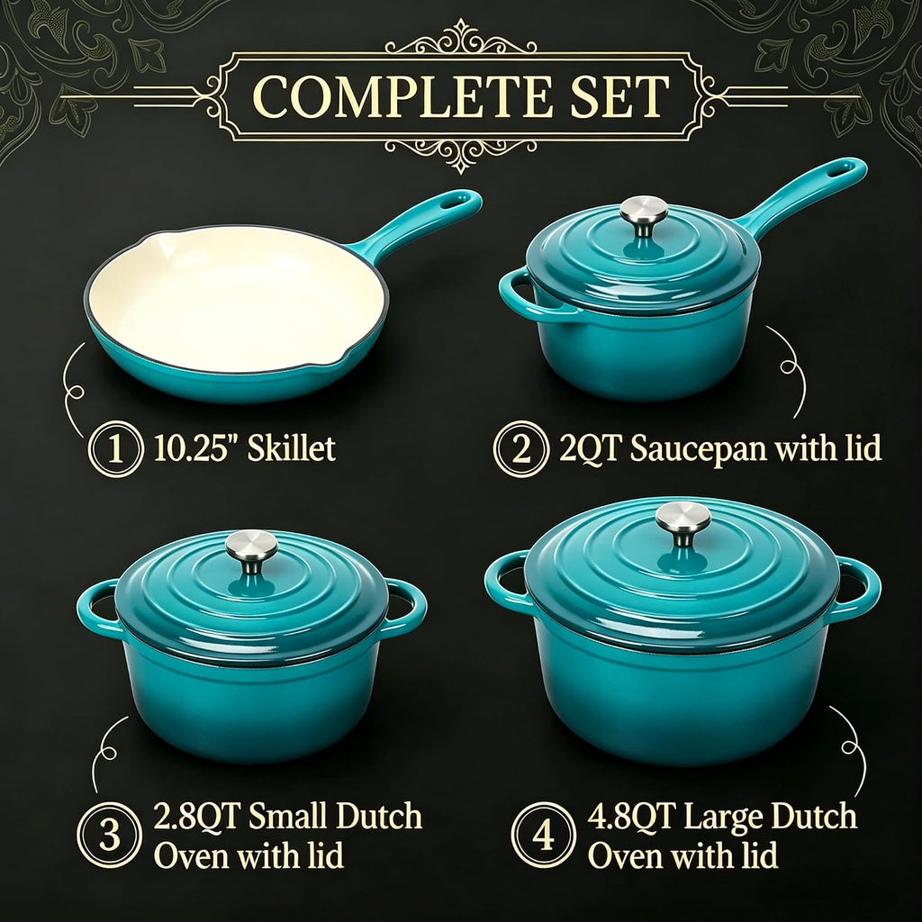 QuliMetal Enameled Cast Iron Cookware Set, 4-Piece Pots and Pans Set with Lids, 10.25' Skillet, 2QT Saucepan, 2.8QT & 4.8QT Dutch Ovens, Oven Safe to 500°F, All Stovetops Compatible - Teal
