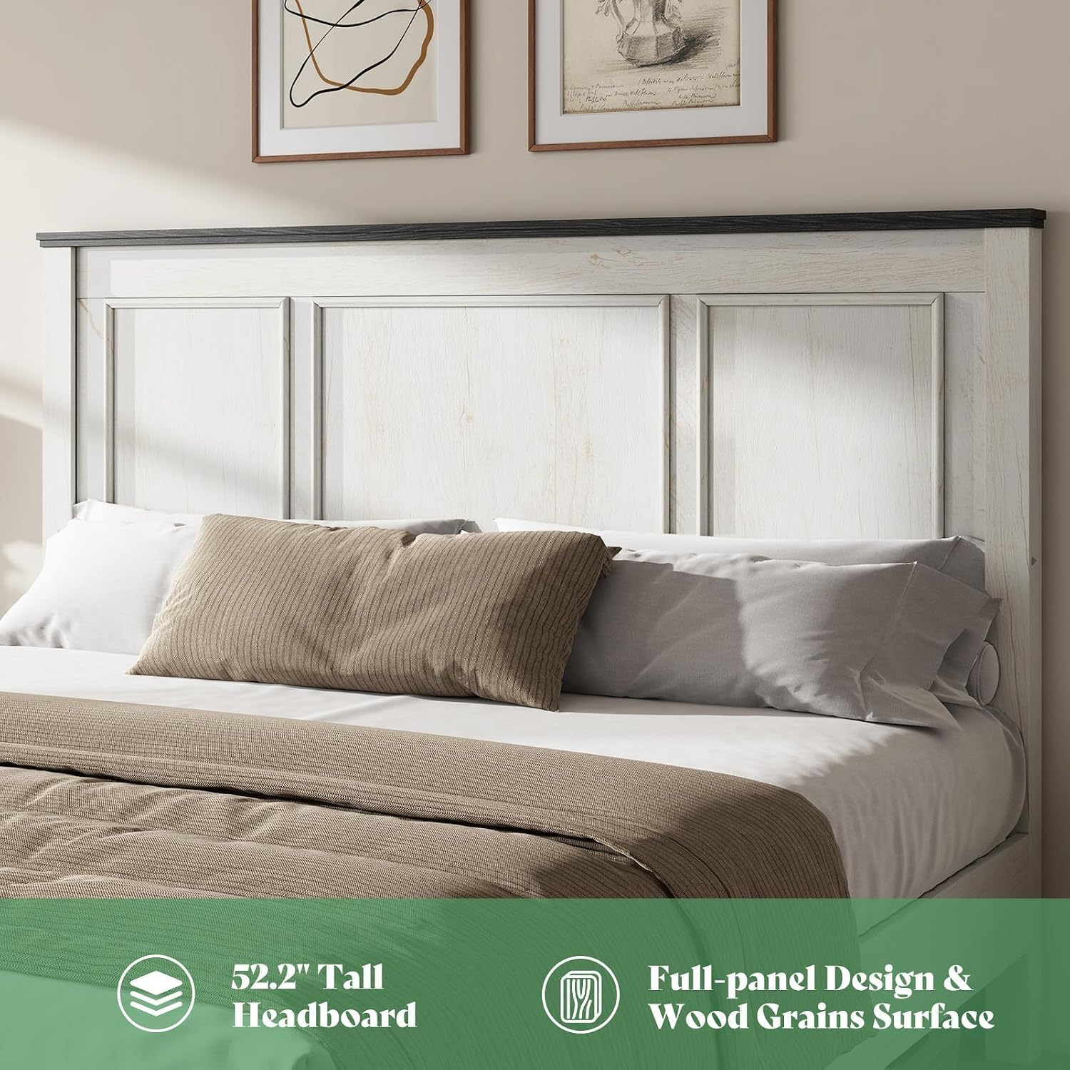 AMERLIFE 3-Piece Farmhouse Bedroom Furniture Set, Includes 1 King Size Wood Platform Bed Frame with Panel Headboard and 2 Nightstands with Charging Station, No Box Spring Needed, Rustic White