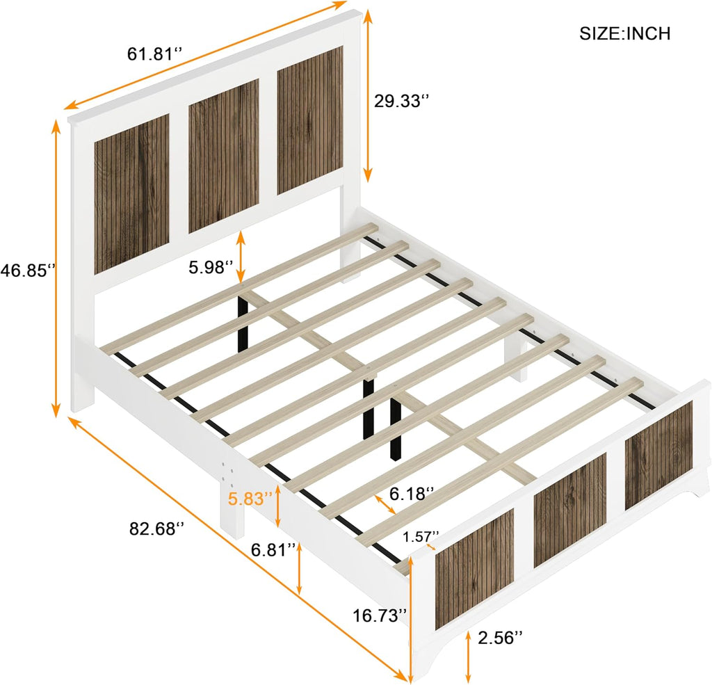 Merax Queen Size Farmhouse Wooden Platform Bed,Modern Bed Frame with Wooden Strip Decoration Headboard and Footboard, Plywood Slats Support, No Box Spring Required, White