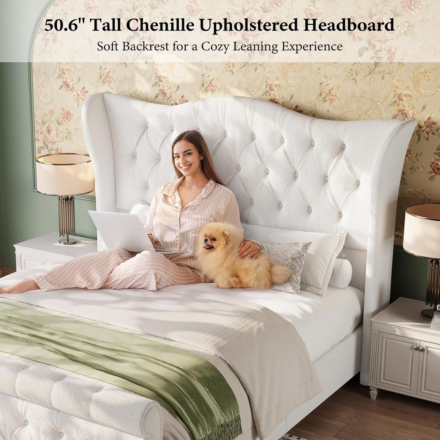 koorlian Queen Size Bed Frame,Chenille Upholstered Sleigh Bed with Scroll Wingback Headboard & Footboard,Luxury & Soft Button Tufted Queen Modern Bed,Easy Assembly,No Box Spring Needed
