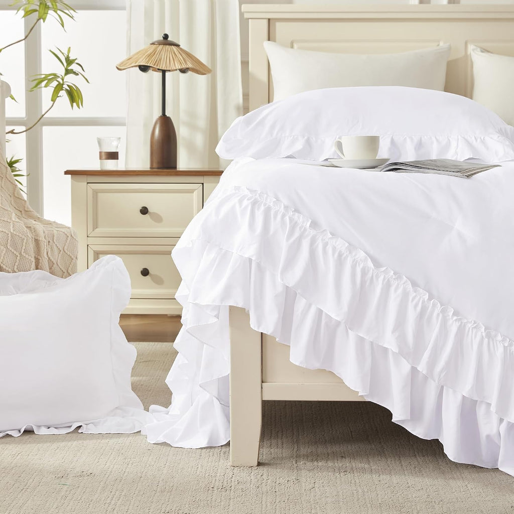 Andency Super King Plus Ruffle Comforter Set 128x120, 3 Pieces Farmhouse Shabby Chic Bedding Set, Soft Lightweight Oversized California King Comforter Set (1 Comforter 2 Pillowcases), White
