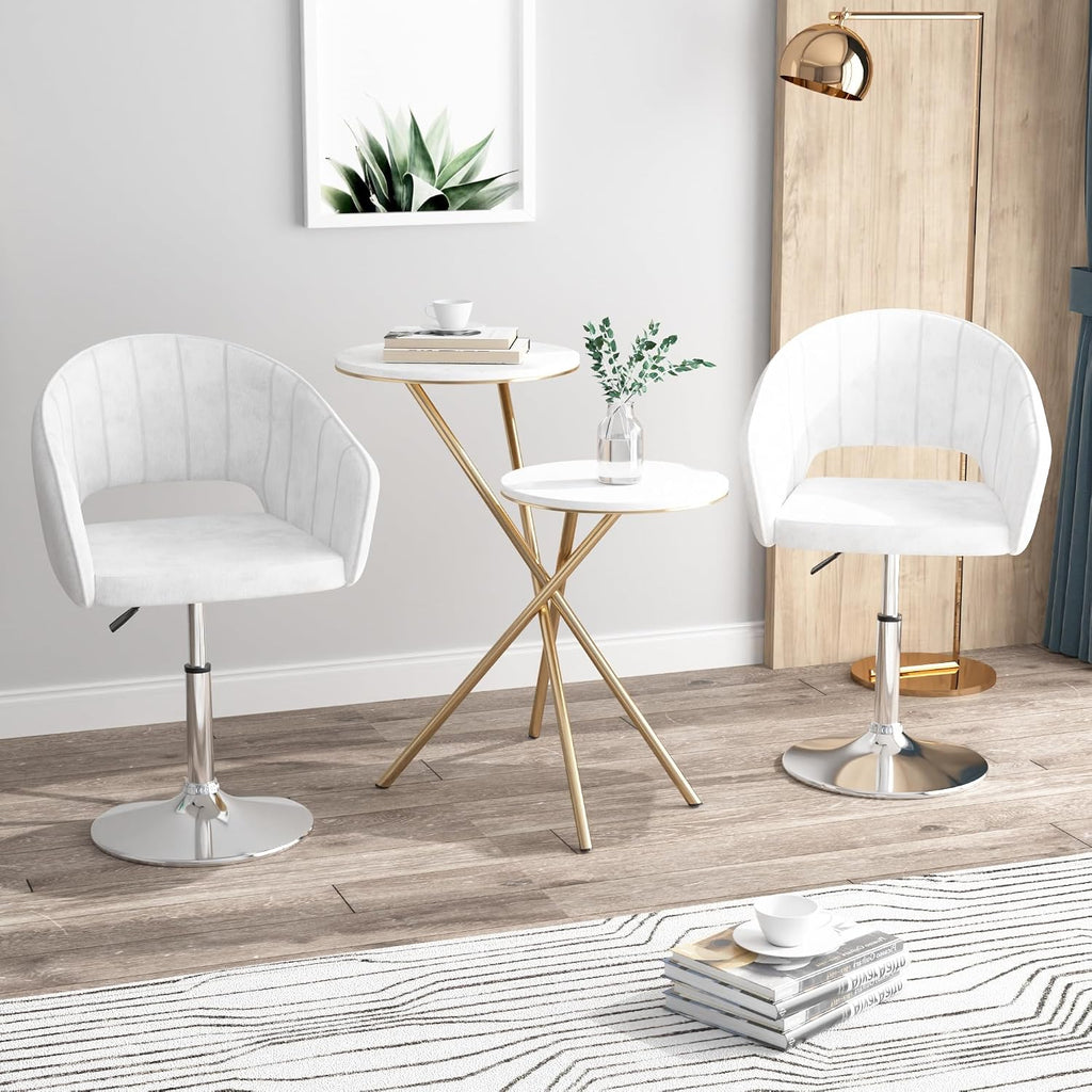 VECELO Velvet Accent Chair Set of 2, Adjustable Luxury Vanity & Dining Chair with Gold Barstool Base, 360°Swivel Upholstered Armchair for Living Room, Bedroom, Home Office, Pearl White