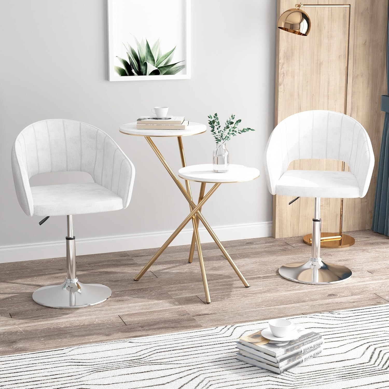 VECELO Velvet Accent Chair Set of 2, Adjustable Luxury Vanity & Dining Chair with Gold Barstool Base, 360°Swivel Upholstered Armchair for Living Room, Bedroom, Home Office, Pearl White