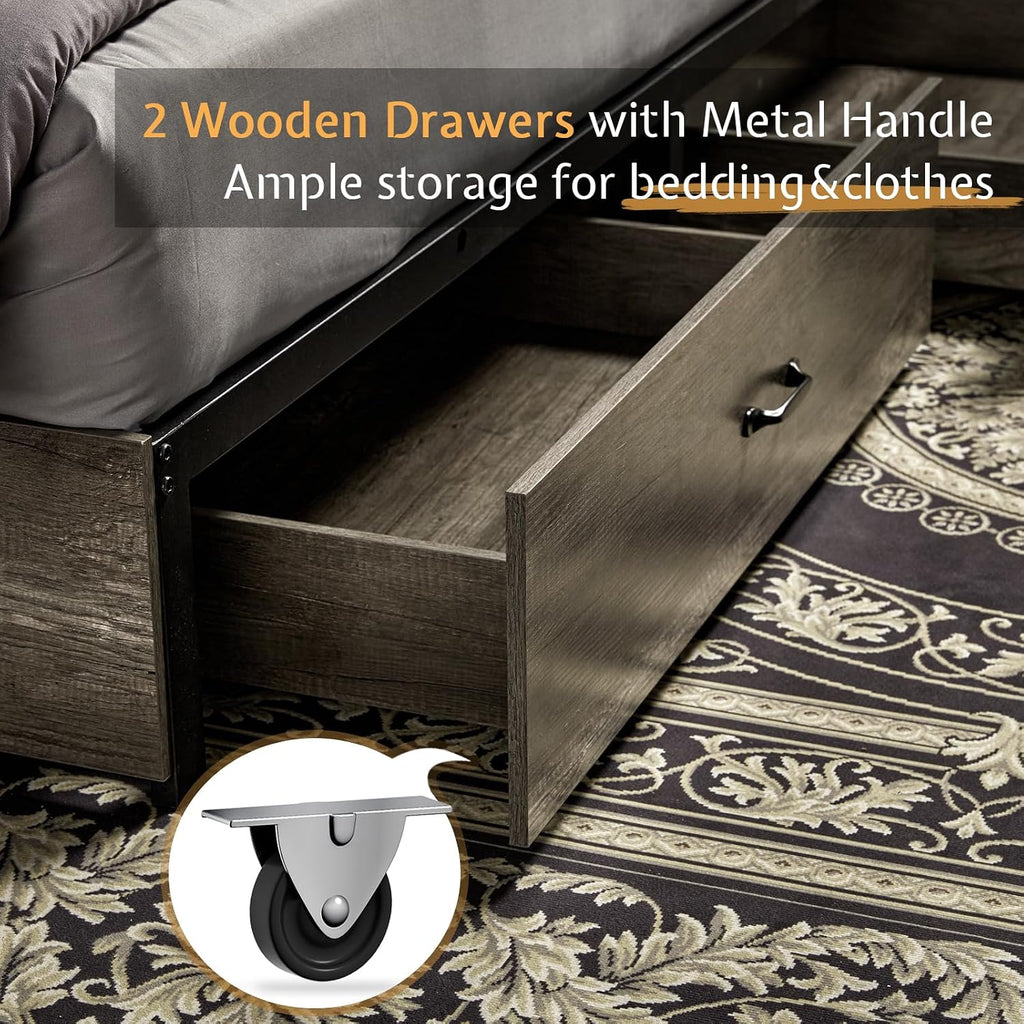 VanAcc Queen Size Bed Frame, Wooden Platform Storage Bed with 51.2' Bookcase Headboard, 2 Drawers, Charging Station/No Box Spring Needed/Noise Free(Rustic Grey)