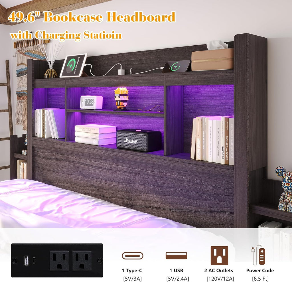LUXOAK Full Bed Frame with 49.6' Bookcase Headboard & 2 Bedside Stoage Racks & 4 Drawers, Farmhouse Wood Bed Frame with RGB LED & Charging Station, No Box Spring Needed, Black