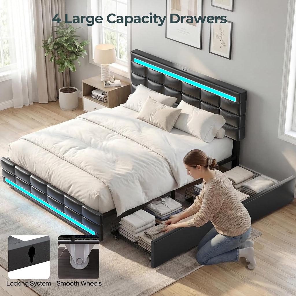 ADORNEVE Queen Bed Frame with 4 Storage Drawers, Upholstered Headboard with Charging Station & LED Lights, Metal and Wood Platform Bed, No Box Spring Needed, Easy Assembly, Black