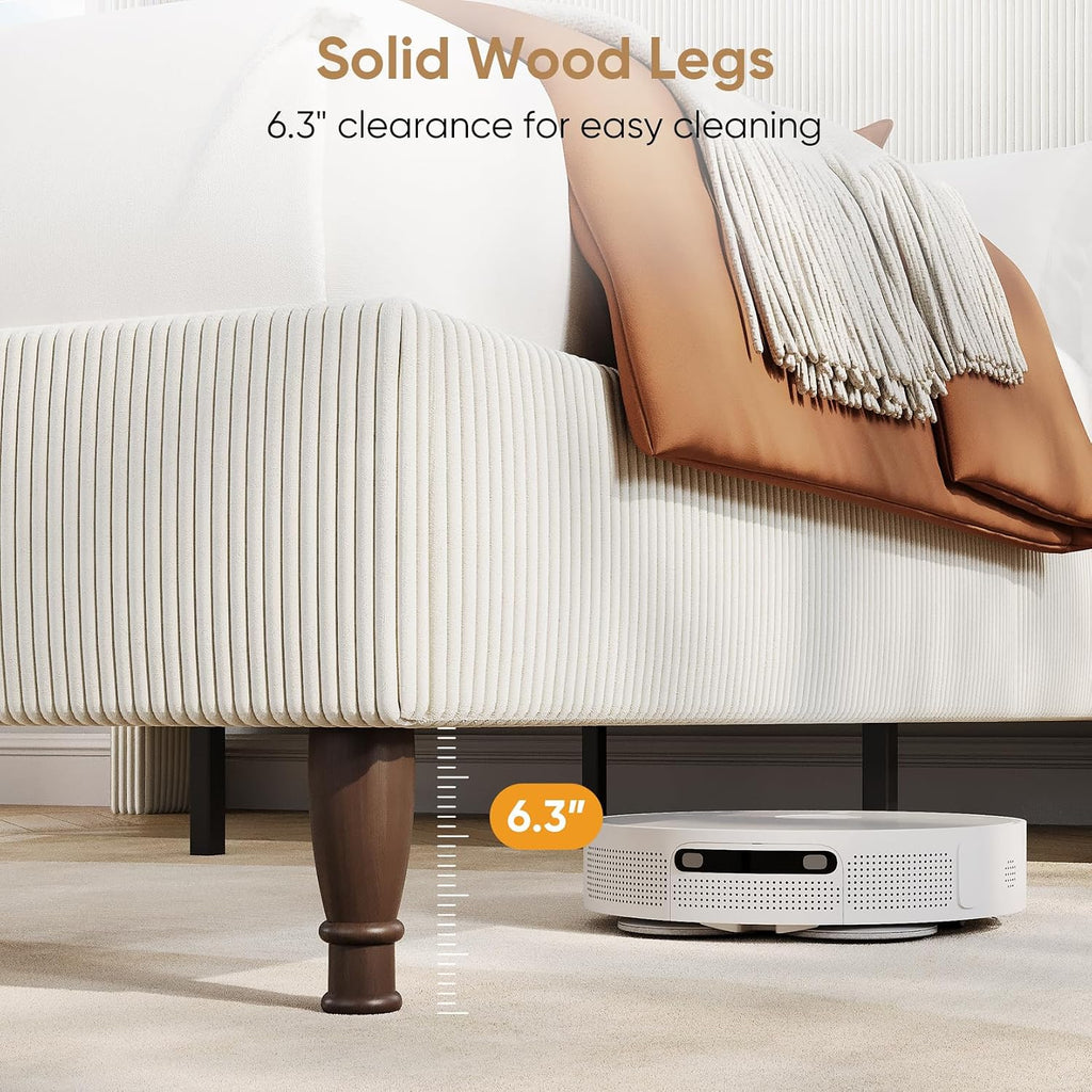 Full Size Bed Frame with Tall Headboard, 55.3' Corduroy Upholstered Platform Bedframe with LED Lights & Charging Station, Cream Full Beds, Wingback Storage Headboard, No Box Spring Needed, Wood Slats