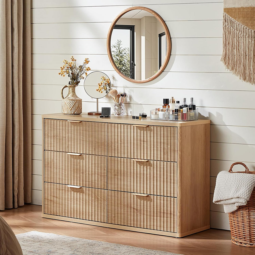 LEYAOYAO 48' Wide Fluted Dresser and 3 Drawers 23' Nightstand Set of 2, Wooden Dresser & Night Stand with Charging Station, 3 Piece Bedroom Furniture Set, Wood Chest of Drawer for Living Room,Natural