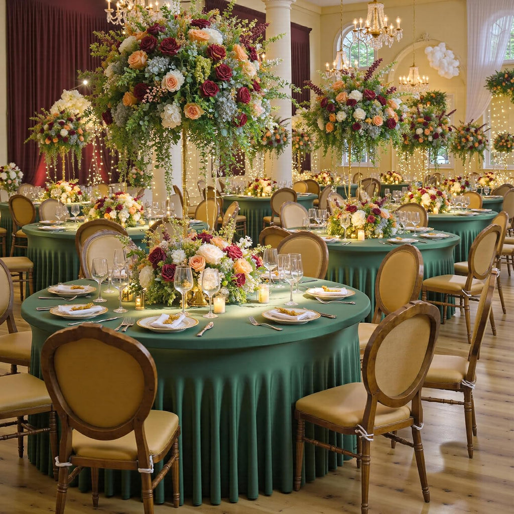 6 pk Hunter Green Round Spandex Tablecloths 60 in with Ruffled Skirt,Wrinkle Free High-Stretch 120 inch Table Cloth Round Fitted 5ft Tables,Spandex Table Covers 5ft for Forest Party Wedding Banquet